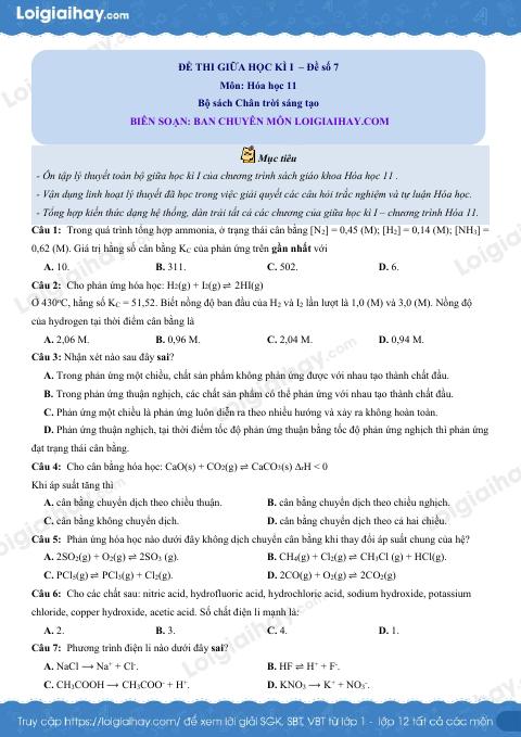 Đề thi giữa kì 1 Hóa 11 Chân trời sáng tạo - Đề số 7
